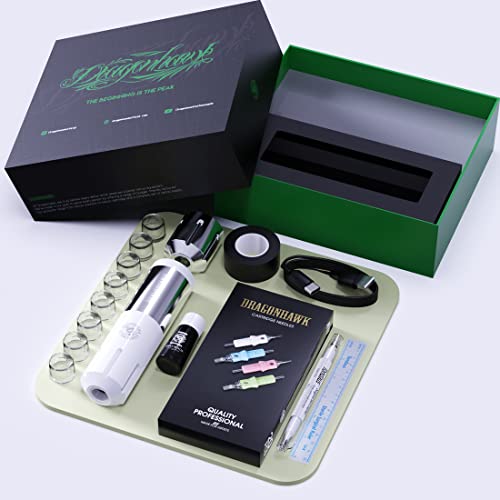 Dragonhawk Tattoo Kit Rotary Cordless S1 Plus Pen Gun Machine 10Pcs Needles Cartridges Black Ink for Beginners Practice