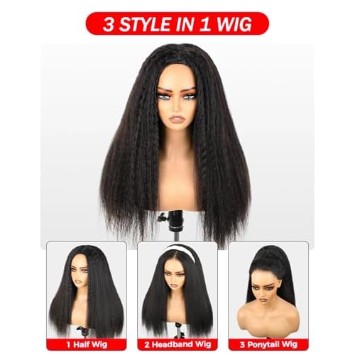 250% Density Kinky Straight Drawstring Half Wig Upgrade 3 In 1 Half Wigs With Drawstring Seamless Clip Ins Flip Over Human Hair Headband Wigs No Lace Glueless Wear And Go Wig Beginner Friendly 20 Inch