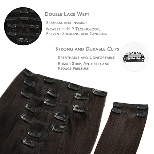 WENNALIFE Clip in Hair Extensions, 150g 24 Inch 9pcs Dark Brown Human Hair Extensions Thicker Clip in Hair Extensions Real Human Hair Clip Set Double Weft
