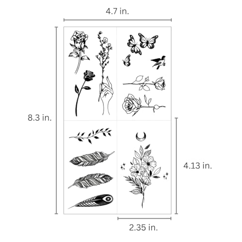 One Grace Mini Nature Temporary Tattoos - Realistic Long Lasting Waterproof Tiny Tattoos - Black and White Butterflies Bird Flower Rose Tree Branch Boho Small Tattoos for Women and Men