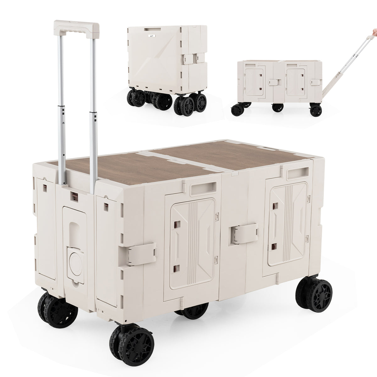 Foldable Utility Cart with 4 Rotating Wheels & Cup Holder - White Tabletop
