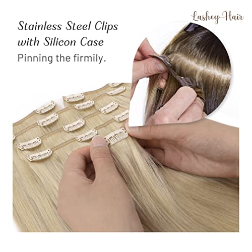 Clip in Hair Extensions Real Human Hair, 22 inch Ash Blonde to Golden Blonde and Platinum Blonde Lashey 120g 7pcs