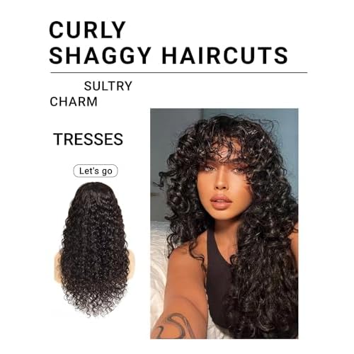 Shaggy Haircuts Curly Human Hair Wig with Bangs 4x4 HD Lace Closure Wig with Bangs Human Hair Wear and Go Glueless Wigs for Black Women (Black,26inch)