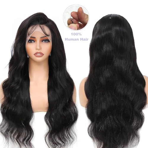 28 Inch 13x6 Lace Front Wigs Human Hair 200% Density Body Wave HD Lace Front Wigs Human Hair Pre Plucked Glueless 13x6 Full Frontal Wig for Women Natural Black