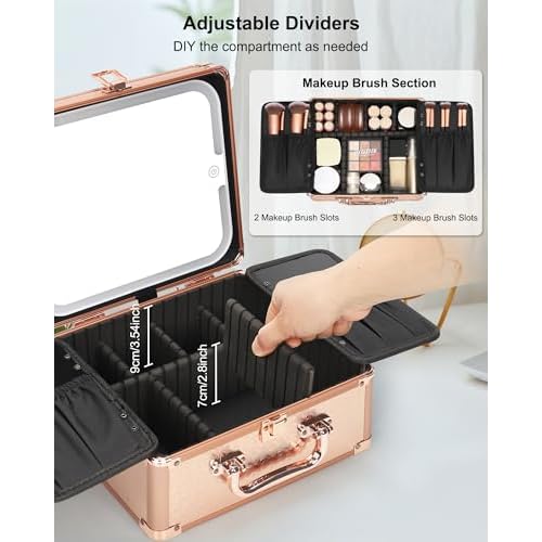 Relavel Makeup Bag with LED Mirror, Makeup Box Travel Train Case with Rechargeable Lighted Mirror, Cosmetic Brush Organizer Storage for Makeup Artists Gifts for Women and Girls, Rose Gold