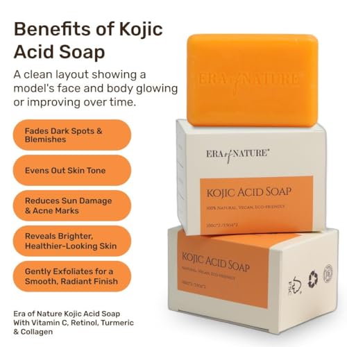 Era of Nature Turmeric Kojic Acid Soap with Vitamin C, Shea Butter & Essential Oils for Face and Body - 2 Pack - Helps Reduce the Look of Dark Spots ? Inner Thighs, Armpits, Bikini Area, Knees ? 200g