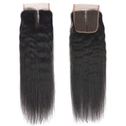Kinky Straight Bundles with Closure 10A Kinky Straight Human Hair 3 Bundles with 4x4 Lace Closure Unprocessed Brazilian Virgin Human Hair Weave Extensions Natural Color (18 20 22+16 closure)