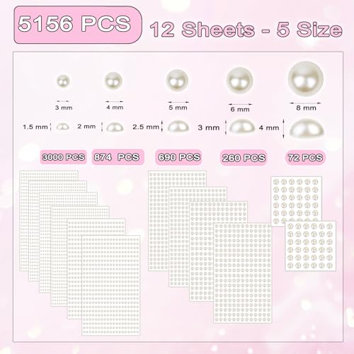 5156Pcs Hair Pearls, 3/4/5/6/8mm Self Adhesive Pearl Stickers for Crafting, White and Beige Flat Pearls Stick on Body Gems for Face Eye Nails Makeup and DIY Decorations Accessories, Assorted Sizes