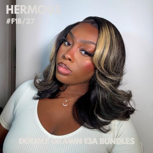 13A Double Drawn Honey Blonde Highlight FB27 Bundles Body Wave Human Hair, Black With Honey Brown Highlight Human Hair 3 Bundles Unprocessed Remy Hair F1B/27 Ombre Hair Extension 10 12 14 Inch