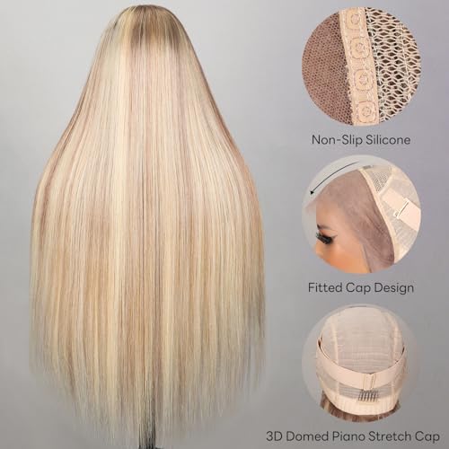 P10/613 Lace Front Wig Human Hair 13x4 Wear And Go Glueless Wigs Human Hair HD Blonde Highlight Lace Front Wig Light Brown Pre Plucked 240% Density (18inch, P10/613 Straight Wig)