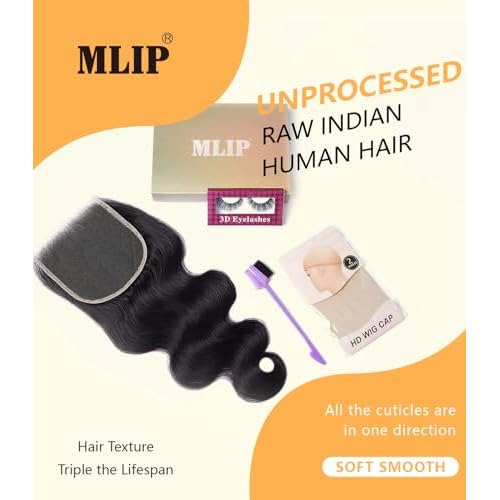 Mlip 5x5 HD Lace Closure Body Wave, 0.10mm Ultra Thin Invisible Swiss Lace, Skinlike Real HD Lace Melt into Skin Perfectly, Pre-plucked Natural Hairline, Raw Indian Human Hair 20 Inches