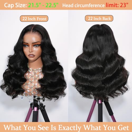 ShowJarlly Small Cap 9x6 Body Wave Lace Front Wigs Human Hair 200% Density Wear and Go Glueless Wigs Human Hair Pre Cut Closure Wig Human Hair for Black Women Natural Black 22 Inch (21.5" - 22.5")