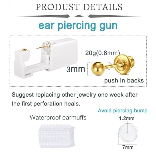 QWALIT Ear Piercing Kit Gold Ear Piercing Gun Kit Self Piercing Earrings Piercing Kit Disposable Earring Gun Piercing Kit with Gold Earring Stud Flat Back Self Helix Cartilage Ear Piercing Kit at Home