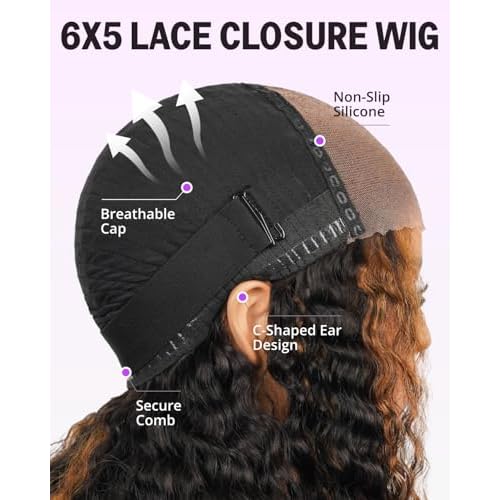 Glueless Curly Human Hair Wig Highlight Deep Wave Lace Front Wigs Human Hair Pre Plucked Pre Cut 6x5 HD Closure Wear and Go Glueless Wig Pre Bleached Knots 20 Inch 1BP30