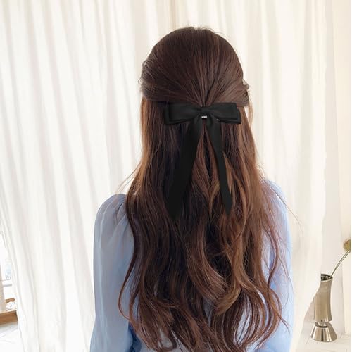 2PCS Black Hair Bows Solid Satin Polyester Ribbon Bow Hair Clips Ponytail Big French Hair Barrettes with Long Tail Wedding Dress Decor Hair Accessories for Women Toddler Teen Girls