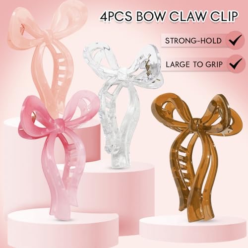 4PCS Large Acrylic Bow Hair Clips for Women, 5" Non-Slip Jelly Color Stylish Clips for Thick Hair