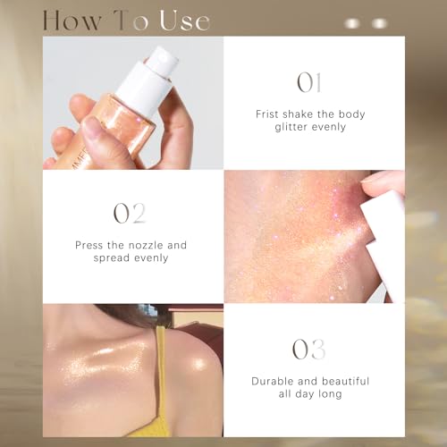 Body Glitter Spray, Moisturizing Bronze Body Shimmer Luminizer Glow Illuminator Quick-Drying and Non-Sticky Liquid Highlighter Spray for Face Hair Glitter, 60ML -Rose Gold