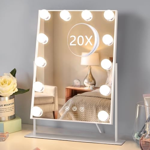 HIEEY Hollywood Makeup Mirror with 12 Dimmable Bulbs Lights, Three Color Lighting Modes, with 4in 20X Magnification Mirror, Smart Touch Control, 360¡ÆRotation (White,Gift Box)