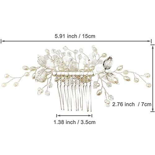 Flower Bridal Hair Vine Pieces with Comb Pearl Floral Rhinestone Leaf White Wedding Hair Pin Accessories for Women and Girls (White Flower Silver Leaf)