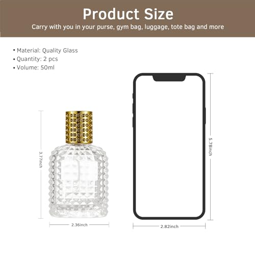 2 Pack 50ml Refillable Spray Perfume Bottles, Empty Clear Perfume Atomizer, Portable Perfume Mist Spray Bottle Travel Perfume Dispenser (50ML, Gold & Silver)