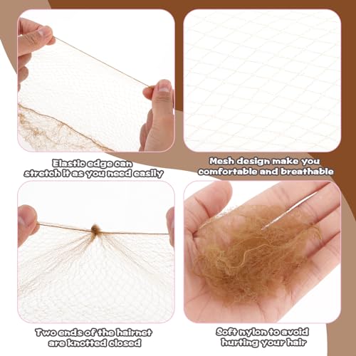 Hair Net Set - 20 Invisible 50cm Hairnets, 40 U-Shaped Pins for Women, Girls Ballet Buns and Dance (Brown)