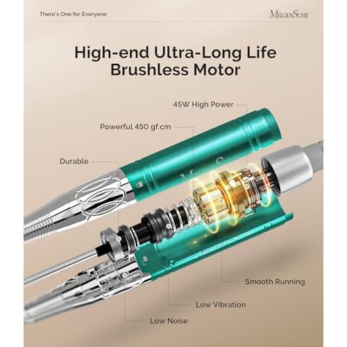 MelodySusie Professional Clip-On Cordless Nail Drill with Premium Motor, MB450C 40000RPM Vintage-Style E-File with Max Torque and Extended Lifespan for All Manicure Shaping, Gel Removal & Salon Use