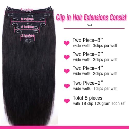 Clip in Hair Extensions for Black Women Straight Human Hair 100% Unprocessed Full Head Brazilian Virgin Hair Natural Black Color,8/Pcs with 18Clips,120 Gram (30inch, Straight hair)