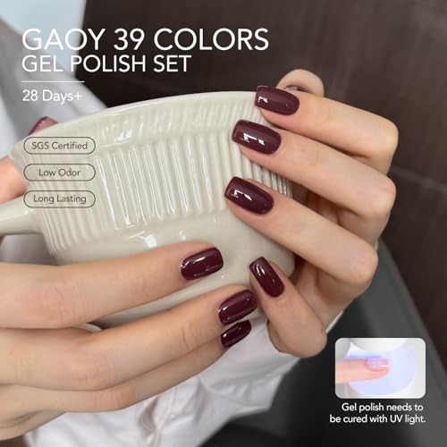 GAOY 42 Pcs Gel Nail Polish Kit, Nude Neutral Blue Burgundy Colors All Seasons Gel Nail Polish Set with Glossy & Matte Top Coat and Base Coat for Salon and DIY Manicure at Home