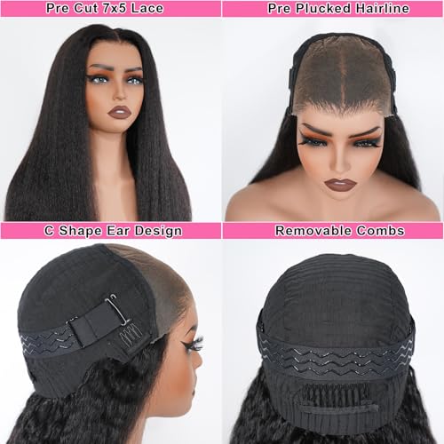 Domiso 22 Inch Wear and Go Glueless Wig Kinky Straight Lace Pre Cut 7x5 Lace Front Wigs Human Hair for Women Glueless Wig with Elastic Band Natural Hairline 200% Density Yaki Hair Natural Black