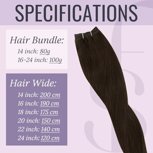 Fshine Hand Tied Weft Hair Extensions Real Human Hair 24 inch Dark Brown Double Weft Full Head Sew in Extensions Weave Bundles for Women