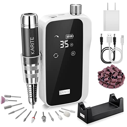 Karite Professional Nail Drill Machine for Acrylic Nails, 35000 RPM Electric Nail File with 13 Bits, 30 Sanding Bands ? USB Rechargeable, Portable Electronic Nail Filer for Home Salon Manicure Tools