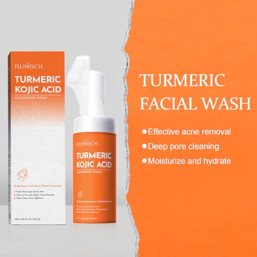 Turmeric Kojic Acid Foaming Facial Cleanser, Kojic Acid And Turmeric Exfoliating Face Wash With Brush (4.23 fl.Oz), 2pcs