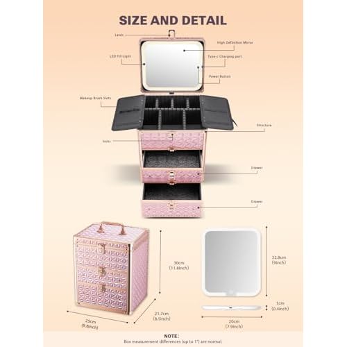 Makeup Box with Double Drawers and A Detachable Lighted Mirror, Waterproof Travel Train Case, Cosmetic Organizer and Makeup Suitcase with Adjustable Dividers, Magnetic LED Mirror (Sparkling Pink)