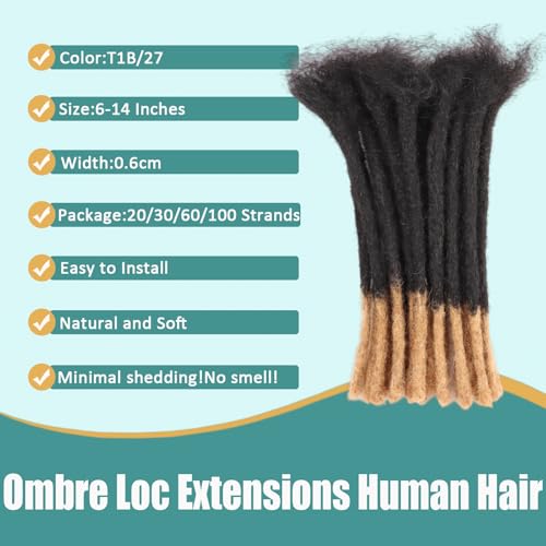 Viovian 0.6cm Dread Extensions Human Hair 14 Inch 60 Strands Ombre Loc Human Hair Dreadlock Extensions for Men Human Dreads Extensions Color 1b/27
