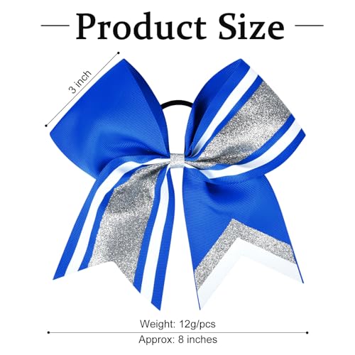 8 PCS Large Glitter Cheer Bows 8" Hair Bows Sparkly Cheerleading Softball Team Bow Hair Ponytail Holder Accessories for cheerleaders football Competition Sports- Silver Blue White