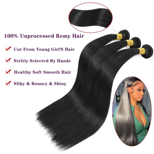 Straight Bundles Human Hair 40 inch 100% Unprocessed Brazilian Straight Hair Bundles 12A Remy Virgin Retain the Intact Cuticle, Long Lifespan