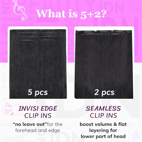 IDN BEAUTY 5+2 Invisi Edge Seamless Clip in Hair Extensions Human Hair Combo Pack, Yaki Straight 20 Inch 110g 5pcs Invisible Edge and 2pcs Seamless Clip ins for Black Women Natural Black No Leave Out