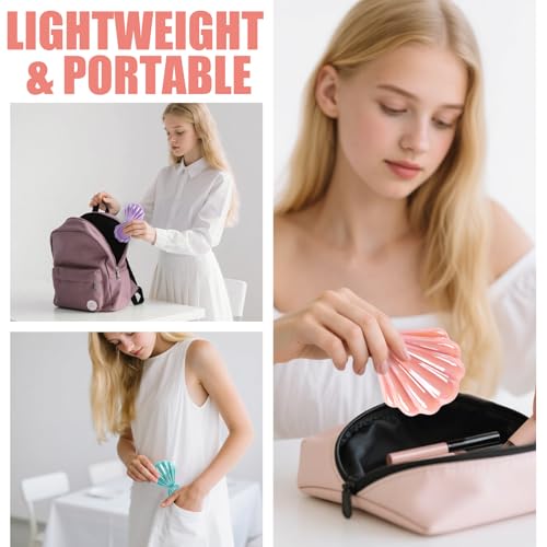Iridescent Shell Folding Hair Brush with Mirror, Compact Travel Size Mermaid Hair Brush for Purse, Portable Brush Mini Pocket Mirror Massage Comb for Women (PINK)