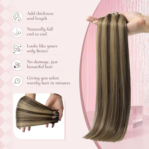 22 Inch Clip-in Real Human Hair Extensions,7 Pieces with 16 Clips,Chocolate Brown Highlighted Caramel Blonde 105 Gram Silky Straight Hair,Remy Thick Invisible, No Shedding