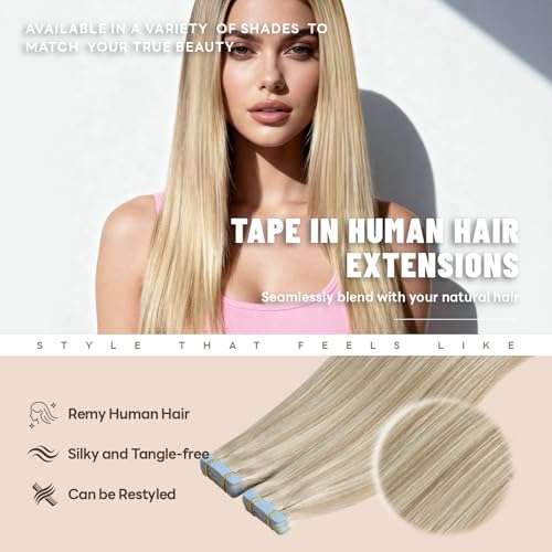 Tape in Hair Extensions Human Hair 24 Inch 50g 20Pcs Remy Human Hair Extensions Invisible Straight Seamless Tape in Extensions (24in, 50g, #18/613)