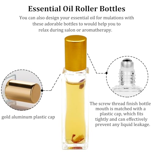 25 Pcs 10 ml Roller Bottles for Essential Oils, Square Thick Empty Glass Roller Bottles with Stainless Steel Roller Balls Protection Leakproof with 2 Funnel for Travel, Gold