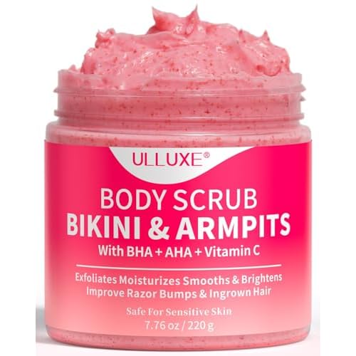 Bikini Area Exfoliator with 10% AHAs BHA & Vitamin C, Exfoliating Body Scrub for Ingrown Hair and Underarm Bumps, Dark Spots, Moisturize Brighten Soothe & Even Skin Tone, Sensitive Skin Safe, 7.76 oz