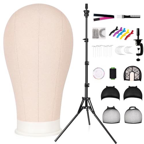 22 Inch Canvas Wig Head Mannequin Head With 63in Tripod Stand, Manikin Canvas Head Set for Wigs Making Display Styling with Tripod Table Clamp Wig Caps Pins Set Hair Brush, Clips(Beige)