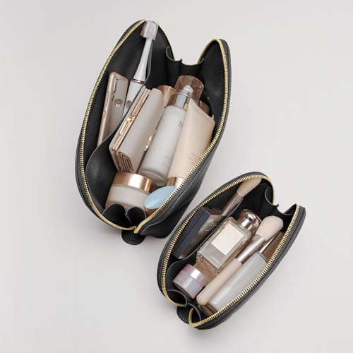 Kattee Leather Makeup Bag, Travel Cosmetic Bag Set, Toiletry Bag Organizer for Women, 2-PACK, Black