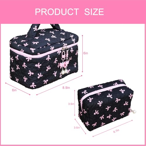 Cotton Quilted Makeup Bag Coquette Accessories Make up Bag Organizer Cute Bow Floral Cosmetic Pouch Travel Makeup Bag Mystery black Pure white (White black bow-01)
