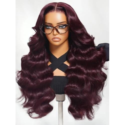 Beauty Forever Bye Bye Knots Black Cherry Loose Body Wave Glueless Wigs Human Hair Pre Plucked Pre Cut 7x5 Lace Front Drawstring Wig with Face Framing Layers Put on and Go Wig 180% Density 16inch
