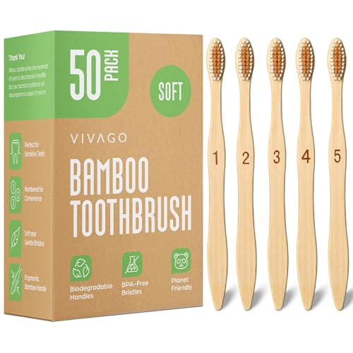 Bamboo Toothbrushes Bulk Soft Bristles (50 Pack) - Eco-Friendly, Natural Wooden Toothbrush