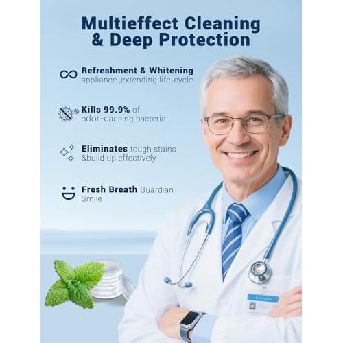 Retainer Cleaner Tablets (120 pcs), Denture Cleaning Tablets for Invisalign, Night Mouth Guard for Aligners, Remove Odors Stains and Plaque, Quick Cleanser, Mint Fresh Flavor, 4 Month Supply
