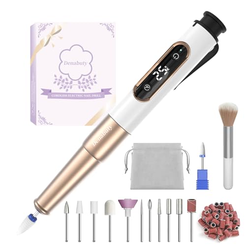Nail Drill Cordless, Electric Nail File 12 in 1 with LED Display, Nail Drill Machine Professional Portable Rechargeable E File for Gel Acrylic Manicure Pedicure Set with 5 Speeds Golden