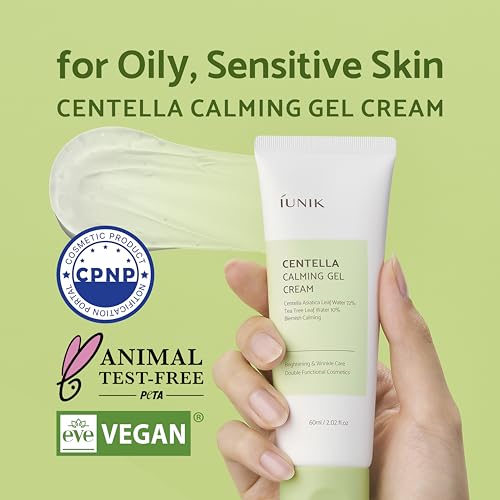 IUNIK Centella 70% Calming Gel Cream Vegan Non-Sticky Moisturizing Blemish Care w/Centella Asiatica Tea Tree 10% Soothes Acne Rosacea Oily & Sensitive Skin Korean Skincare BOGO 1+1